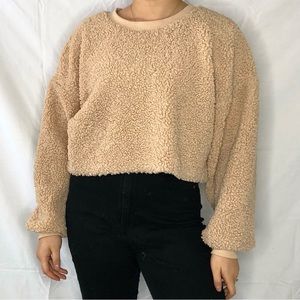 Tan Cream Furry Sherpa Crop Top Long Sleeve